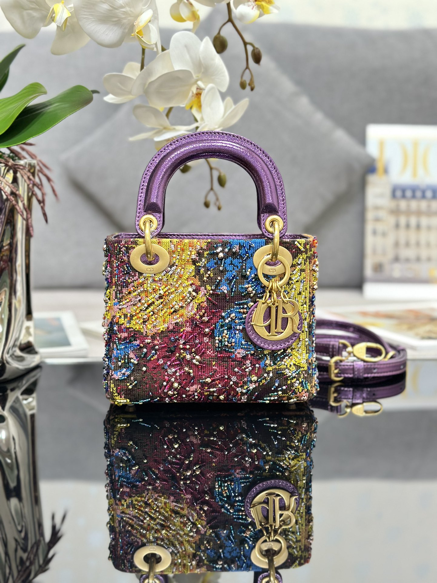 Mini Lady Dior Bag Purple Calfskin Embroidered with Paint Beads